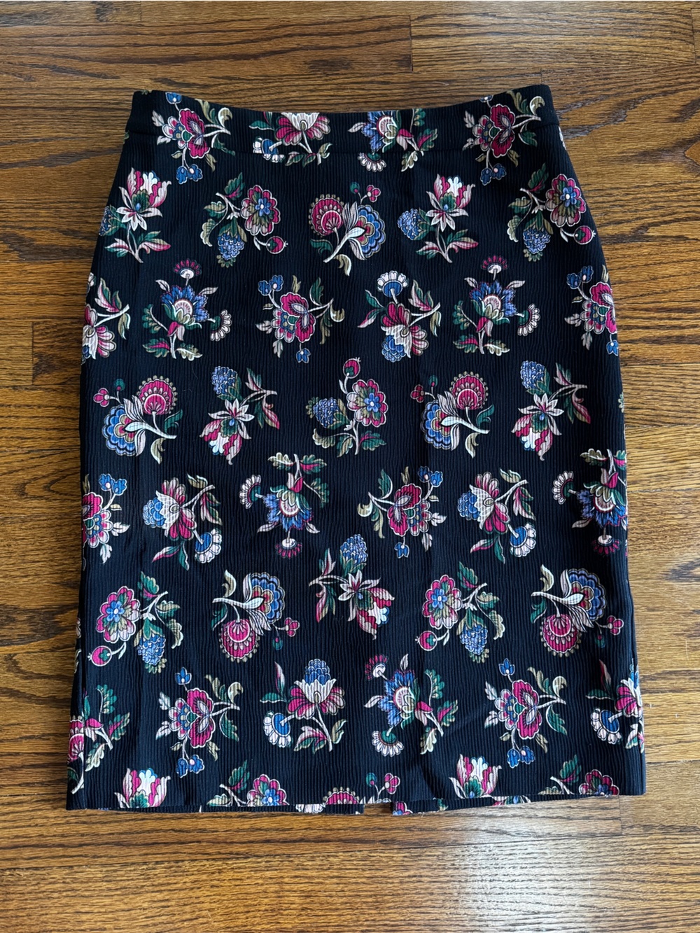 Ann Taylor Black Multicolor Floral Corduroy Lined Pencil Skirt Knee Length Sz 6